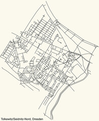 Black simple detailed street roads map on vintage beige background of the neighbourhood Tolkewitz/Seidnitz-Nord quarter of Dresden, Germany