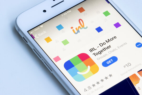 Portland, OR, USA - July 15, 2021: The IRL app is seen in the App Store on an iPhone. IRL, which stands for In Real Life, is a new social network taking on Facebook groups.