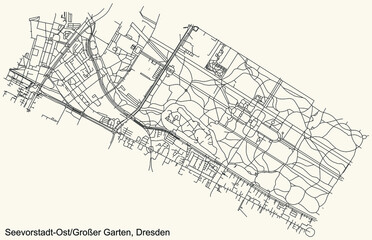 Black simple detailed street roads map on vintage beige background of the neighbourhood Seevorstadt-Ost/Großer Garten mit Strehlen-Nordwest quarter of Dresden, Germany