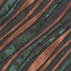 Naadloze textuur met golvenpatroon op een zwarte grungeachtergrond, koper en bronskleur, 3d illustratie