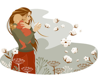 A young mother with a baby in her arms stands on a cotton field. The wind develops women's hair and ripe cotton flowers. Flat vector illustration.