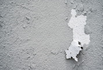 Peeling paint on gray concrete wall. Peeling, cracking, or blistering paint occurs when there is a loss of adhesion between the paint and the surface it's placed on. - obrazy, fototapety, plakaty