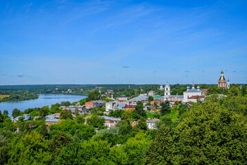 Fototapeta na wymiar Aerial scenery of Kasimov city with Oka river