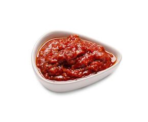 Bowl of tasty salsa sauce on white background