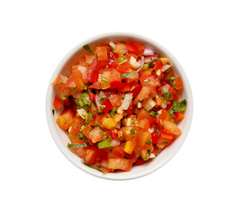 Bowl of tasty salsa sauce on white background