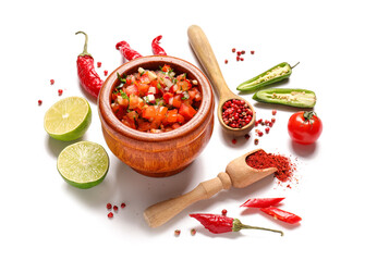 Bowl of tasty salsa sauce and products on white background