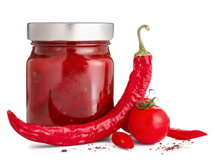 Jar of tasty salsa sauce on white background - obrazy, fototapety, plakaty