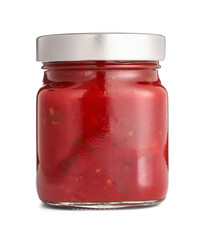 Jar of tasty salsa sauce on white background
