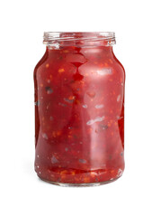 Jar of tasty salsa sauce on white background