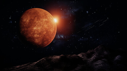 The moon in space with the sun in the background