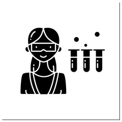 Scientist woman glyph icon. Female chemist in coat with test tubes. Having chemical reagents. Dangerous career. Strong woman concept.Filled flat sign. Isolated silhouette vector illustration