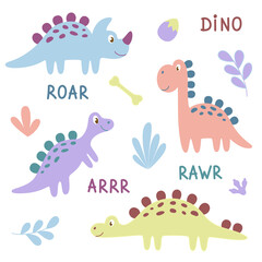 Set of cute cartoon dinosaurs. Colorfull funny dinosaurs for baby.
