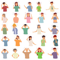 Dizziness icons set cartoon vector. Brain headache. Dizzy head face