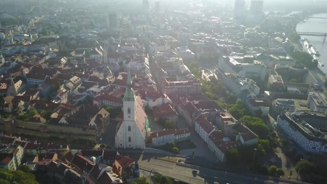Aerial Drone View Overlooking Bratislava Downtown and St. Martin's Cathedral