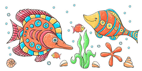 Marine set with bright fish and algae on a white background. Decorative stylization, hand-drawn with markers.