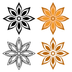 A set of star anise icons. Star anise is real-the fruits of an evergreen tree. Spice and seasoning. Vector illustration isolated on a white background for design and web.