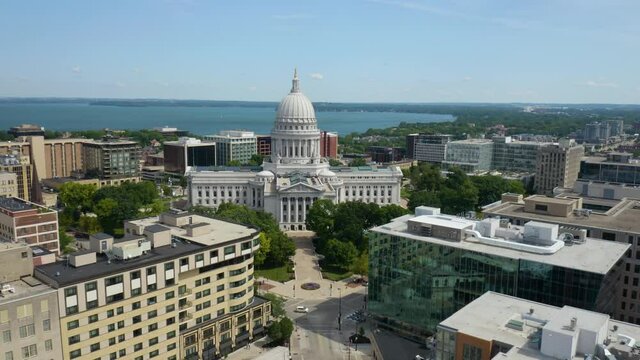 Drone Flies Away from Wisconsin State Capitol in Downtown Madison, Wisconsin