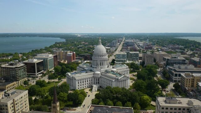 Aerial Orbiting Shot Above Wisconsin State Capitol. Downtown Madison, Wisconsin
