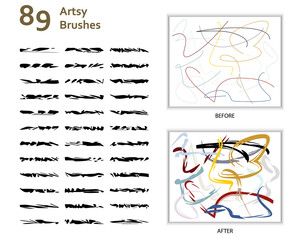 Set of 89 artsy brushes with unique shapes for contemporary painting, calligraphy, abstract arts, grunge strokes, scribbles, asemic. Create using AI CS6.