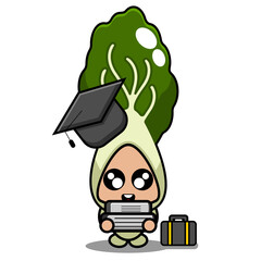 vector cartoon cute bok choy vegetable mascot character wearing graduation hat carrying book and bag