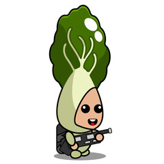vector cartoon cute bok choy vegetable mascot character holding gun and carrying bag