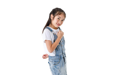 Portrait isolated studio shot of young long hair pretty cute girl in t shirt and denim skirt...
