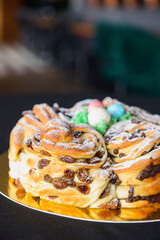 Spring, Easter celebration concept. Traditional food for the holiday. Traditional Kulich, Paska Easter Bread.