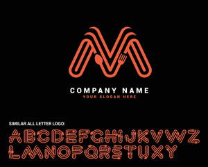 M Food Letter logo, M spoon letter logo,food letter logo set, food alphabet