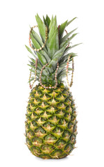 Fresh pineapple with bracelets on white background