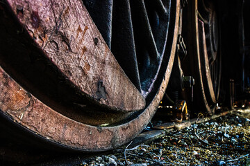 Rusty wheels of an old steam locomotive