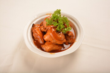 braised stew fresh chicken meat with wine red roasted sauce in hot clay pot asian halal menu