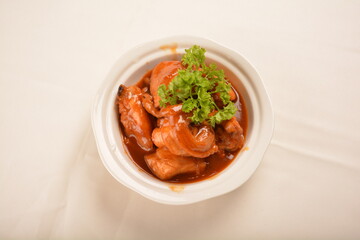 braised stew fresh chicken meat with wine red roasted sauce in hot clay pot asian halal menu