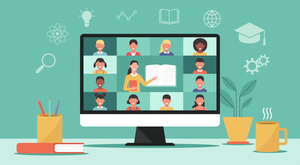 back to school online concept, distance learning or online education, home school with woman teacher teaching young students via computer screen, vector flat illustration