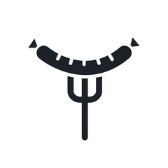 Grilled sausage on fork silhouette. Black isolated silhouettes. Fill solid icon. Modern glyph design. Vector illustration. Meat products. Food ingredients