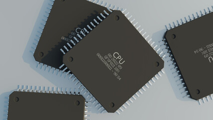 CPU computer processors lying on white flat surface. Top view. 3D Rendering.