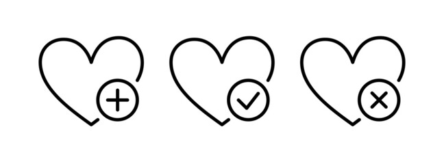 Wish list icon set. Hearts with plus, mark and cross. Wishlist icons set. Vector illustration isolated on white background. Editable stroke.
