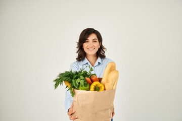 cute brunette grocery bag food delivery supermarket