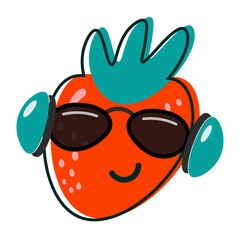 Cool strawberry in sunglasses and headphones. Funny and cartoon character listening to music. Isolated vector illustration, flat style for packaging, baby card or poster. Close-up.