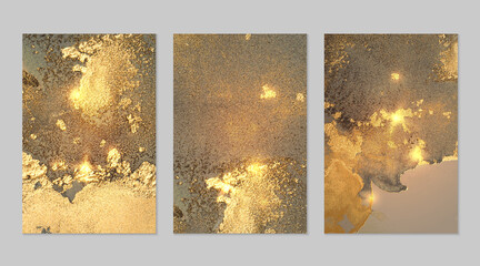 Marble set of gold and gray backgrounds with texture. Geode pattern with glitter. Abstract vector backdrops in fluid art alcohol ink technique. Modern paint with sparkles for banner, poster