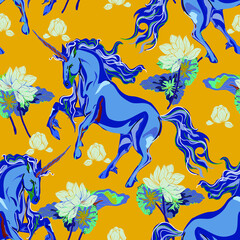 Unicorn and lotus flowers vector seamless pattern.