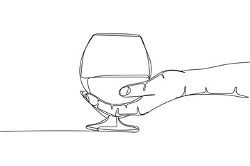 Continuous one line of glass goblet with brandy in hand in silhouette on a white background. Linear stylized.Minimalist.
