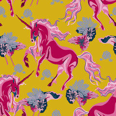 Unicorn and lotus flowers seamless pattern.