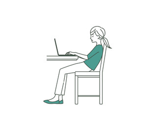 仙骨座りでノートパソコンを使っている女性-2色