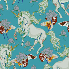 Unicorn and lotus flowers seamless pattern.