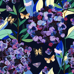 Hydrangea flowers and butterfly seamless vector pattern.