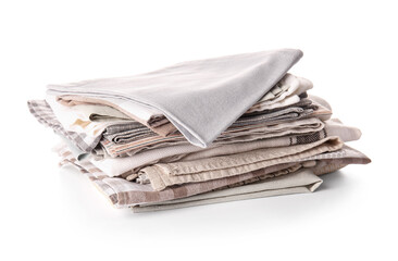 Stack of fabric napkins on white background