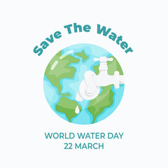 world water day, call to save the water with tied up faucet illustration and drop of water flat vector illustration