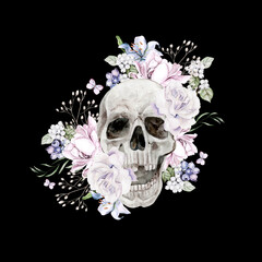 Beautiful watercolor skull with flowers of peony and roses.