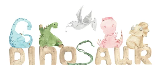 Fototapeten Illustration of cute dinosaurs sitting on the dinosaur lettering © Lyubov