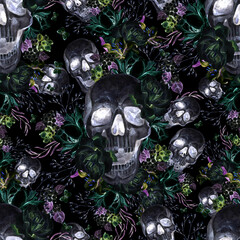 Beautiful watercolor seamless pattern with skull and flowers of peony and roses.